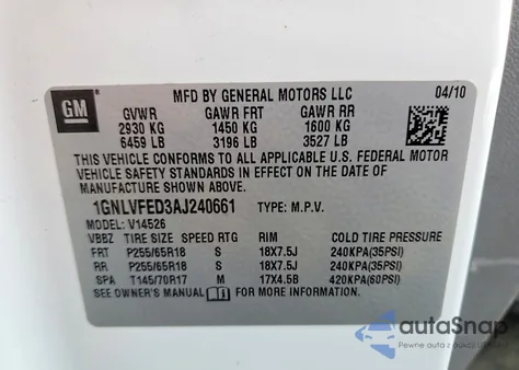 2010 Chevrolet Traverse Lt z USA, uszkodzony, nr VIN 1GNLVFED3AJ240661